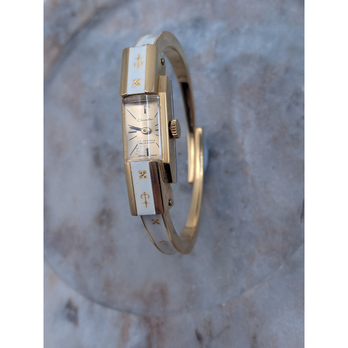 FLAW Vintage Chandler Gold Tone Watch White Enamel Gold Flowers and Anchors