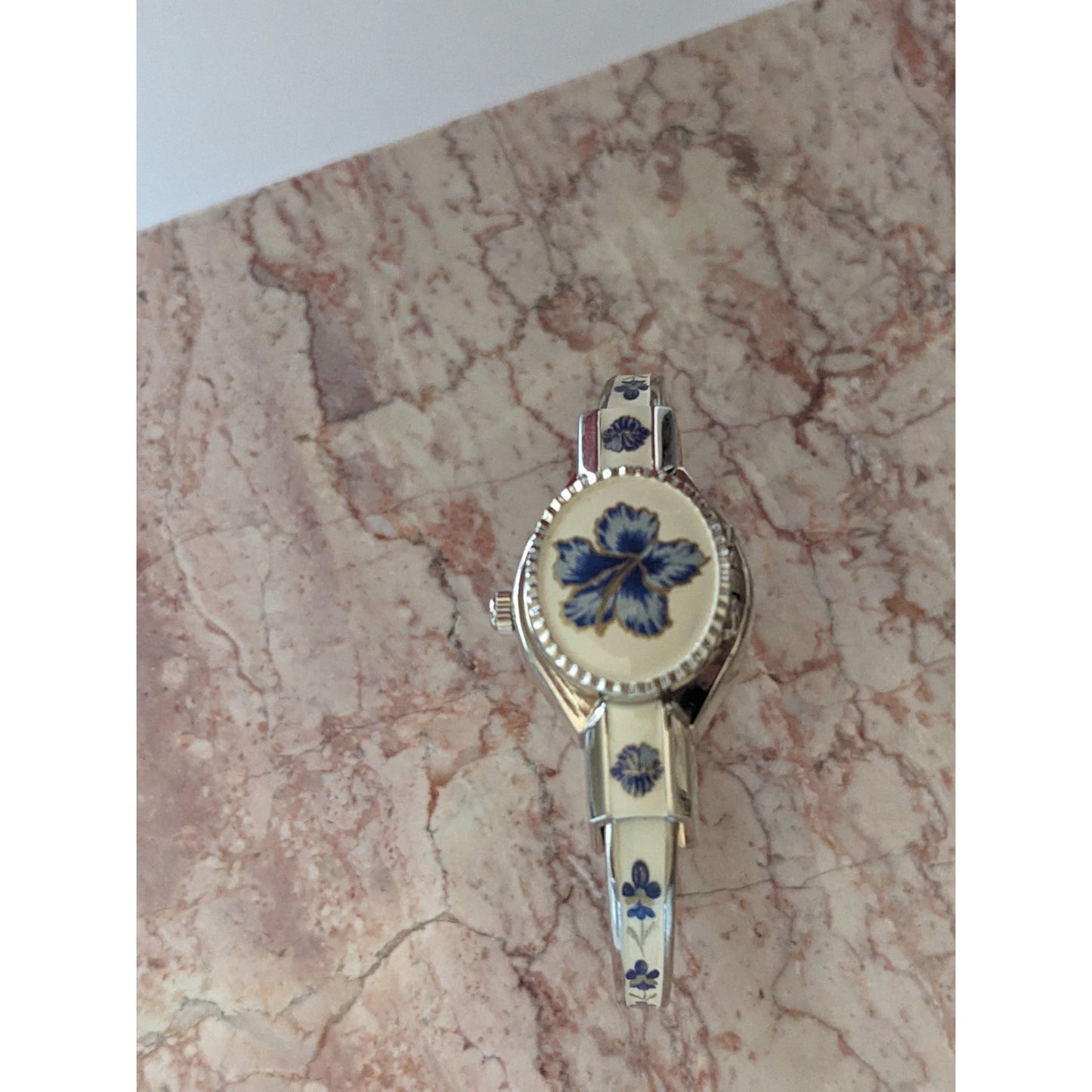 Vintage Andre Mouche Silver Tone Bangle Watch White Enamel Blue Flowers