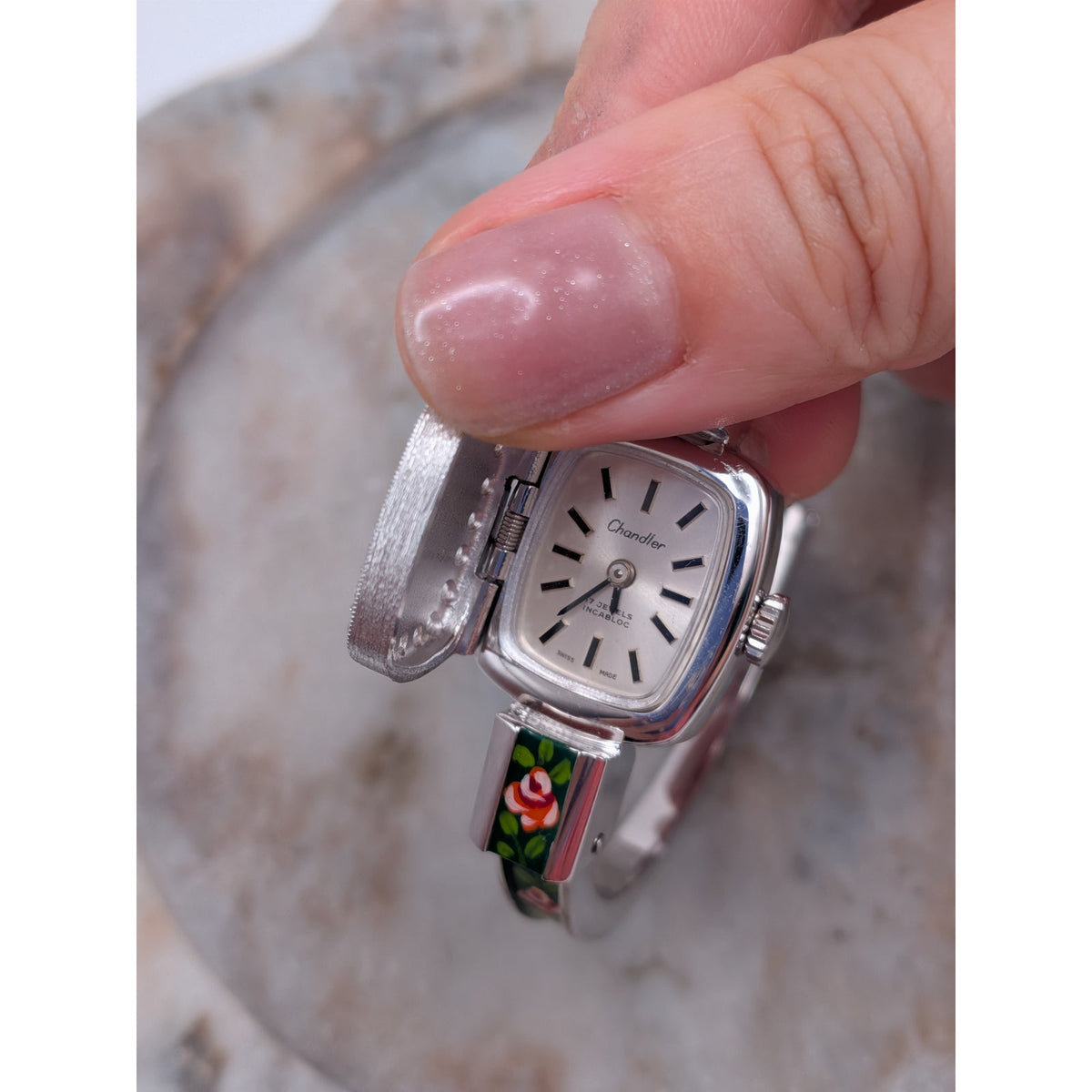 Vintage Chandler MANUAL Silver Tone Peekaboo Watch Dark Green Enamel & Flowers
