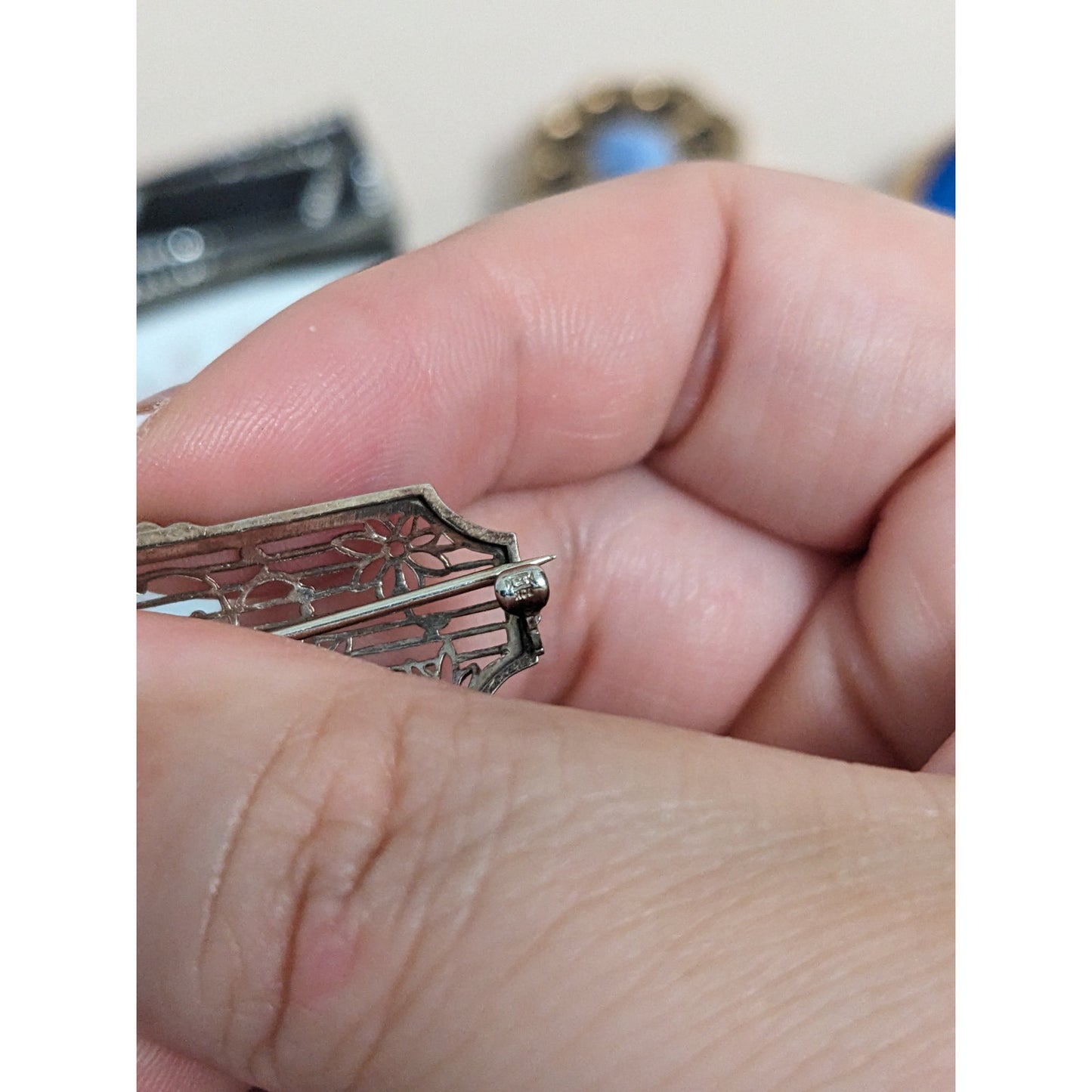 Art Deco 10k White Gold Pink Gem with Floral Filigree Design Brooch