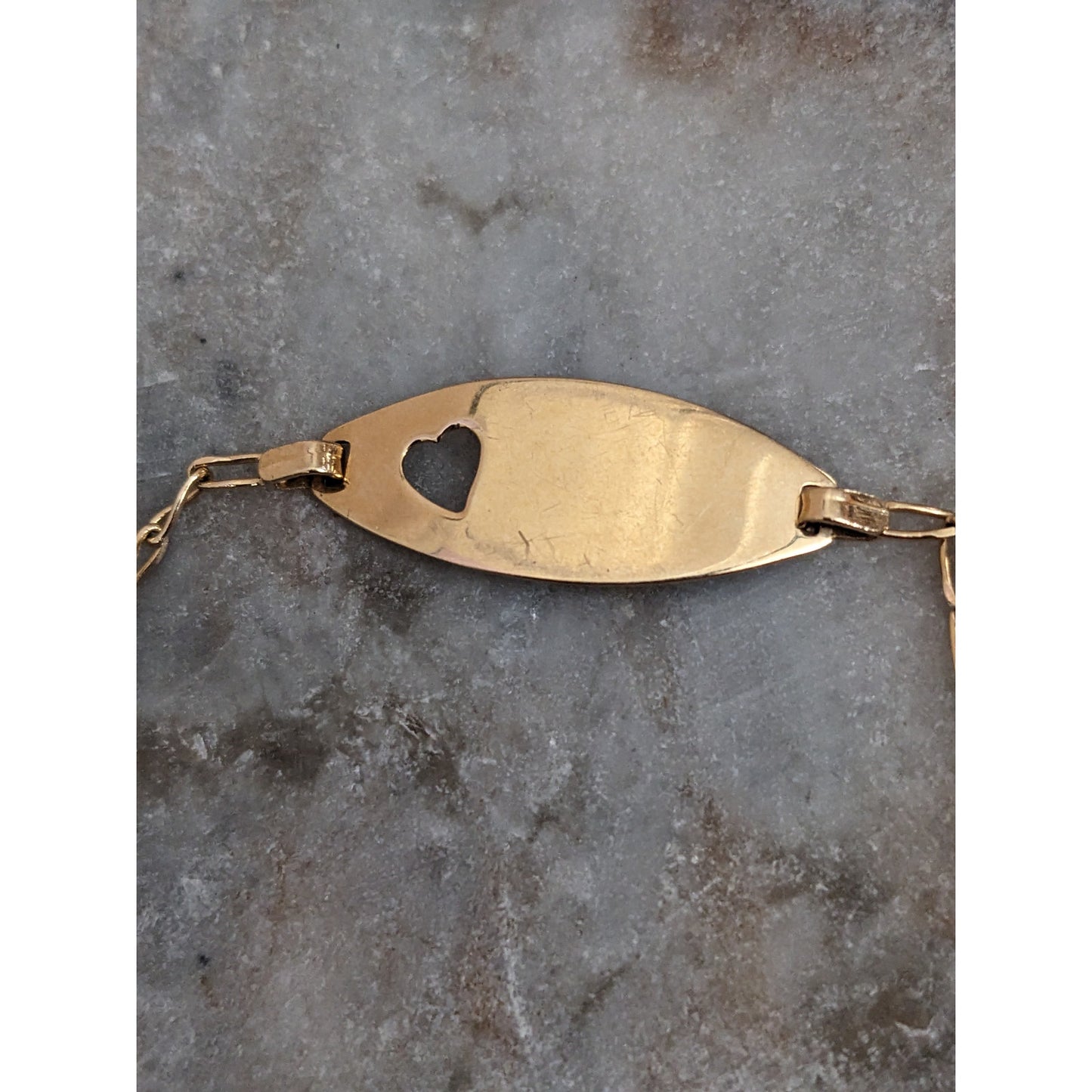 Vintage 14k Yellow Gold Dainty 1.8mm Chain Bracelet with Oval Tag Heart Cutout