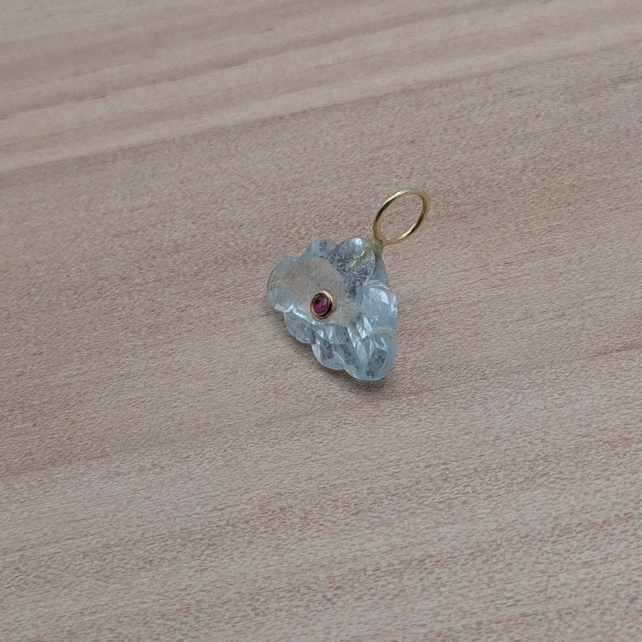 14K Gold Blue Topaz Cloud Pendant Natural Ruby Inlay Carved Gemstone