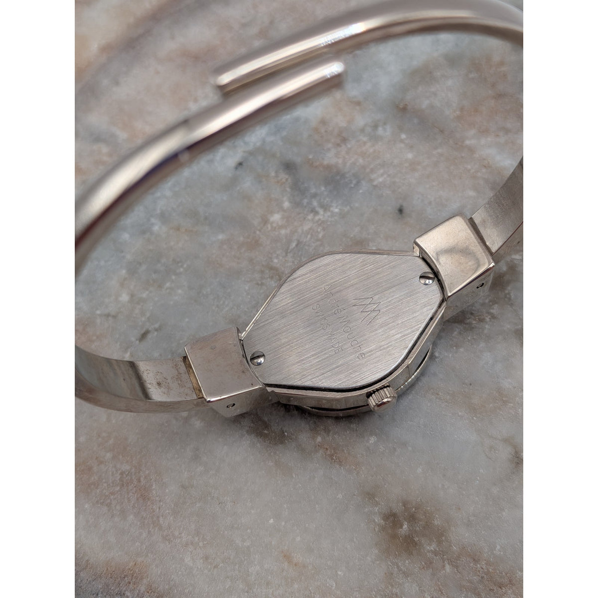 Andre Mouche Silver Tone Bangle Peekaboo Watch Black Enamel White Roses & Stones
