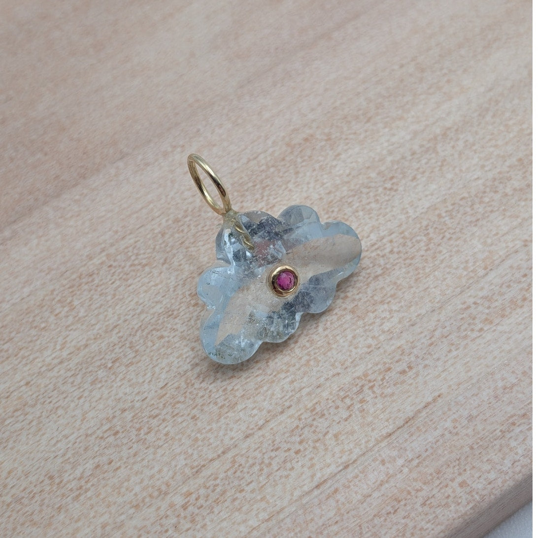 14K Gold Blue Topaz Cloud Pendant Natural Ruby Inlay Carved Gemstone