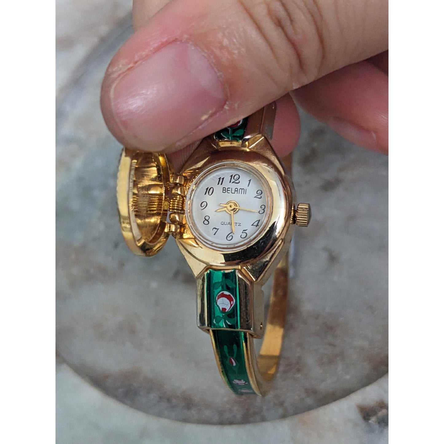 Vintage Andre Mouche Silver Tone Bangle Watch with Blue Floral Enamel Working