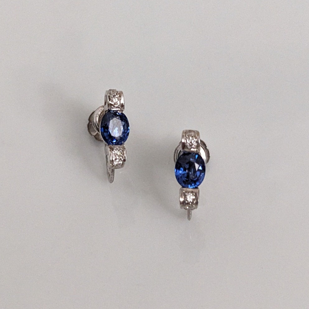 Estate 14k White Gold Screwback Earrings with Blue and White Gems