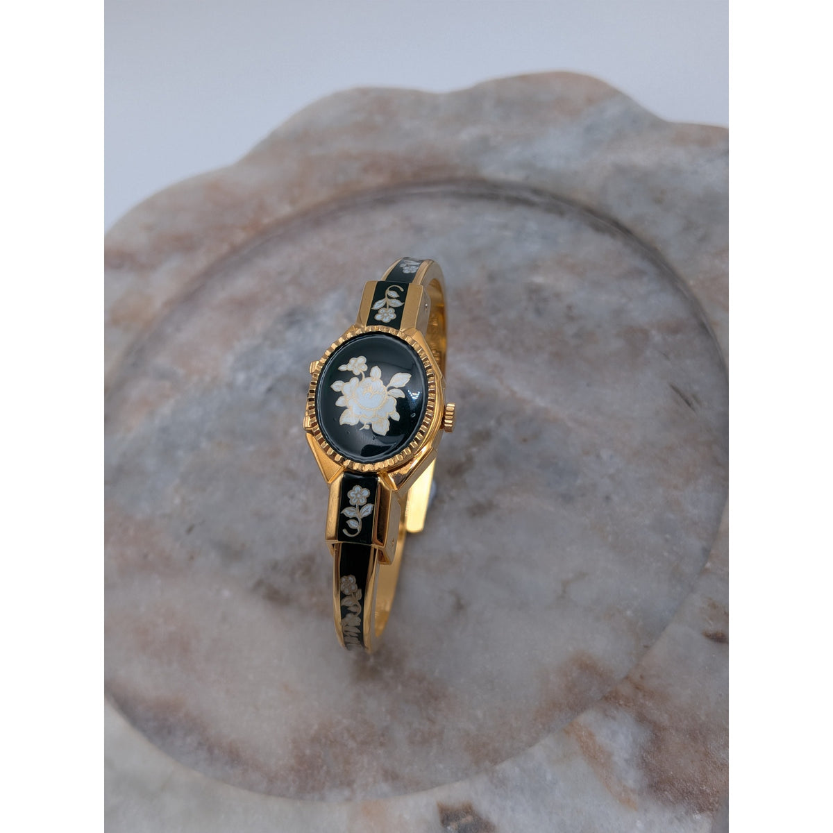 Vintage Andre Mouche Gold Tone Peekaboo Watch Dark Green Enamel White Flowers