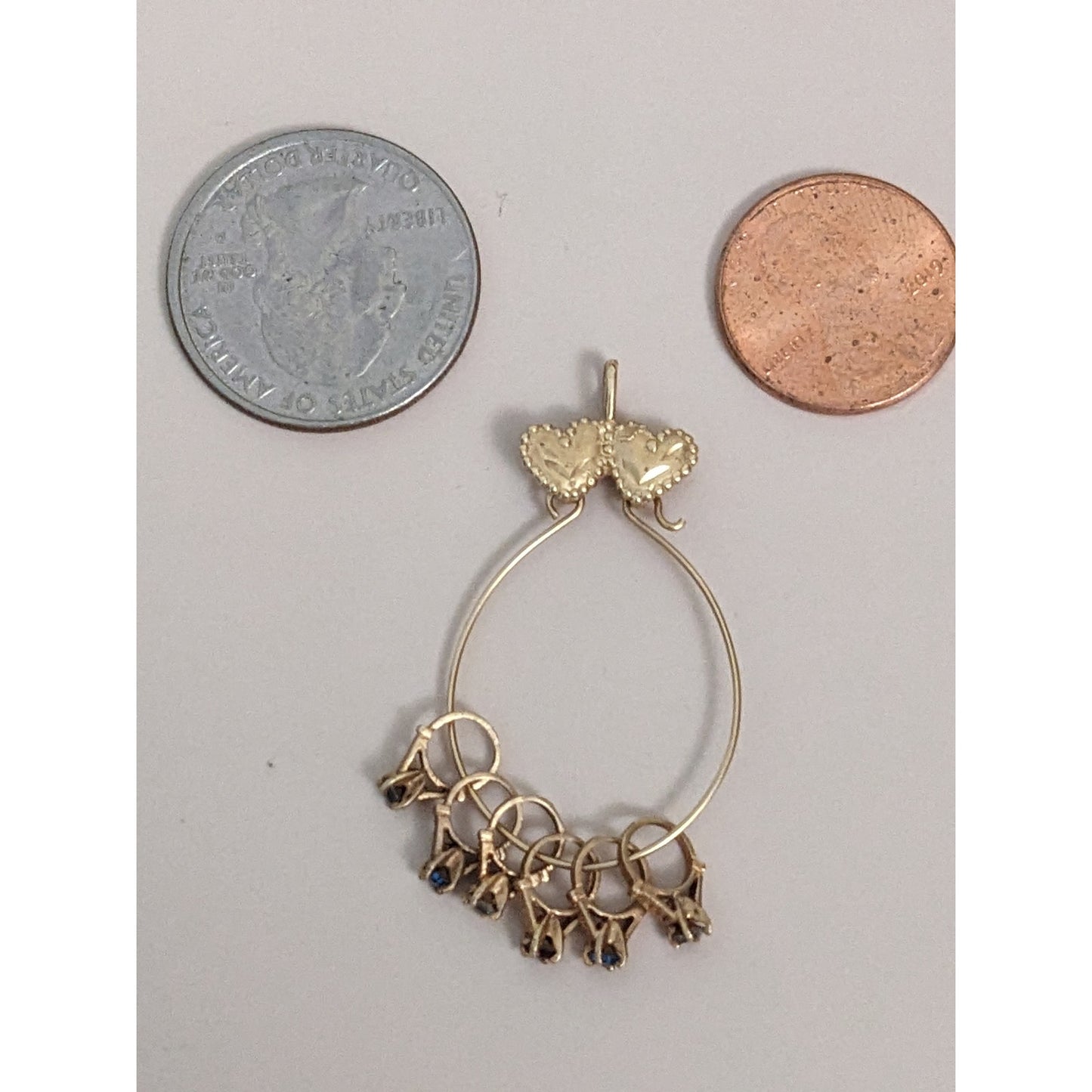 Vintage 14k Gold Double Hearts Charm Holder Pendant with 6 Mini Ring Charms