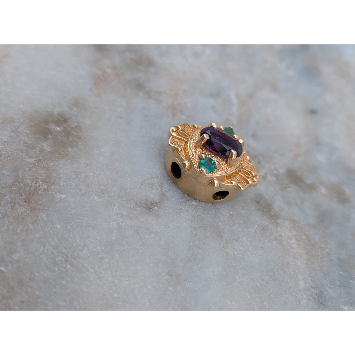 Vintage Old Victoria 14k Gold Bracelet Slide Charm Purple & Green Stones