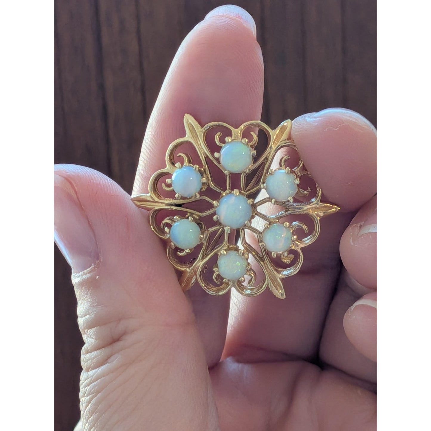 Vintage 14k Yellow Gold Cluster of Opals Flower Brooch or Pendant