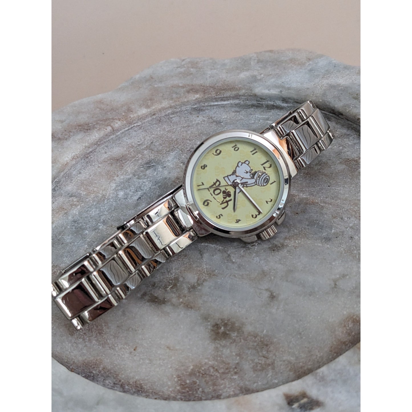 Vintage Andre Mouche Silver Tone Bangle Watch with Blue Floral Enamel Working