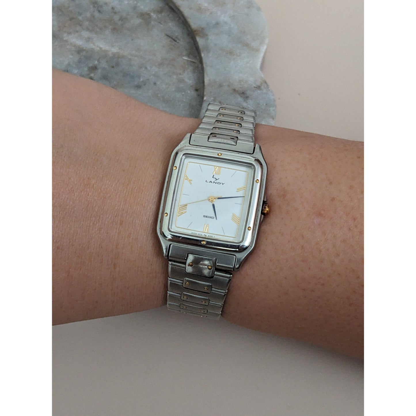 Vintage Andre Mouche Silver Tone Bangle Watch with Blue Floral Enamel Working
