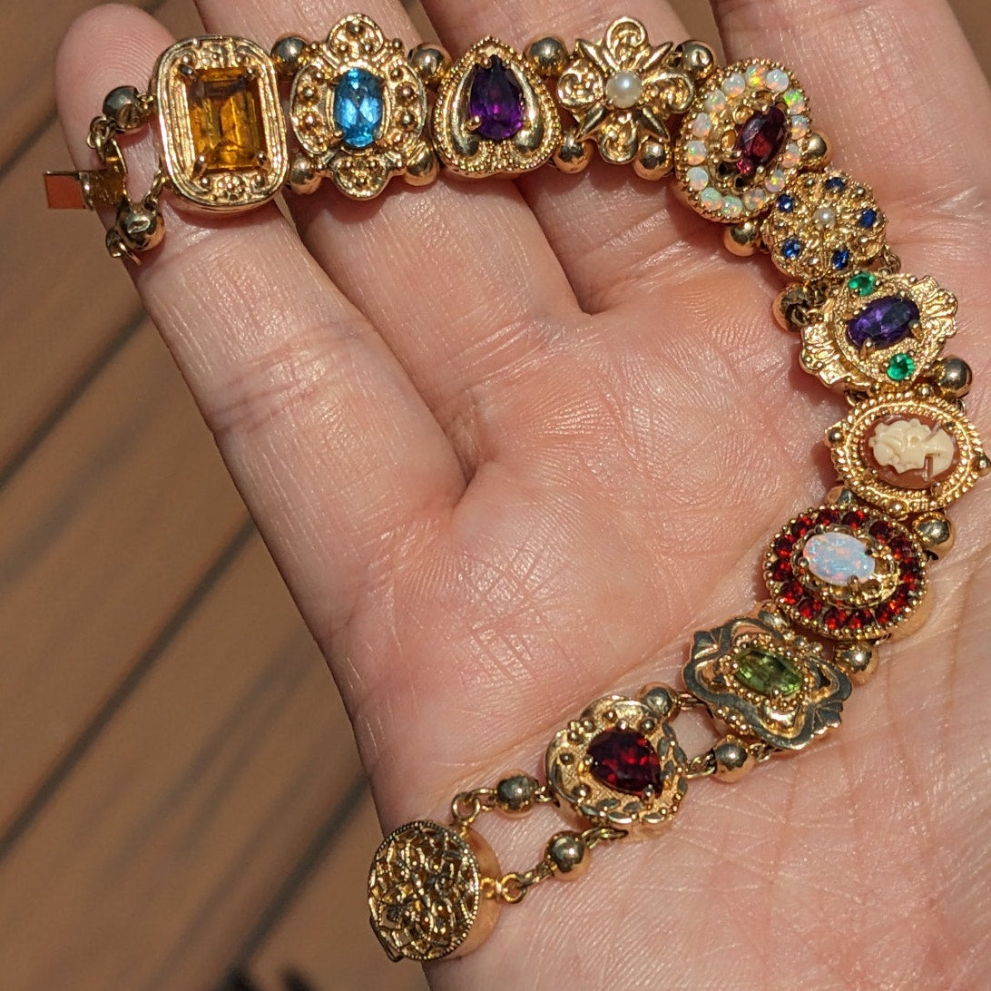 FLAW Vintage 14k Solid Gold Multi-Gemstone Slide Estate Bracelet
