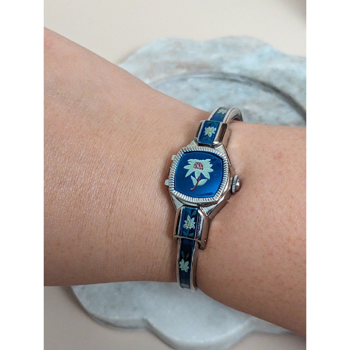 Vintage Andre Mouche Silver Tone Bangle Watch with Blue Floral Enamel Working