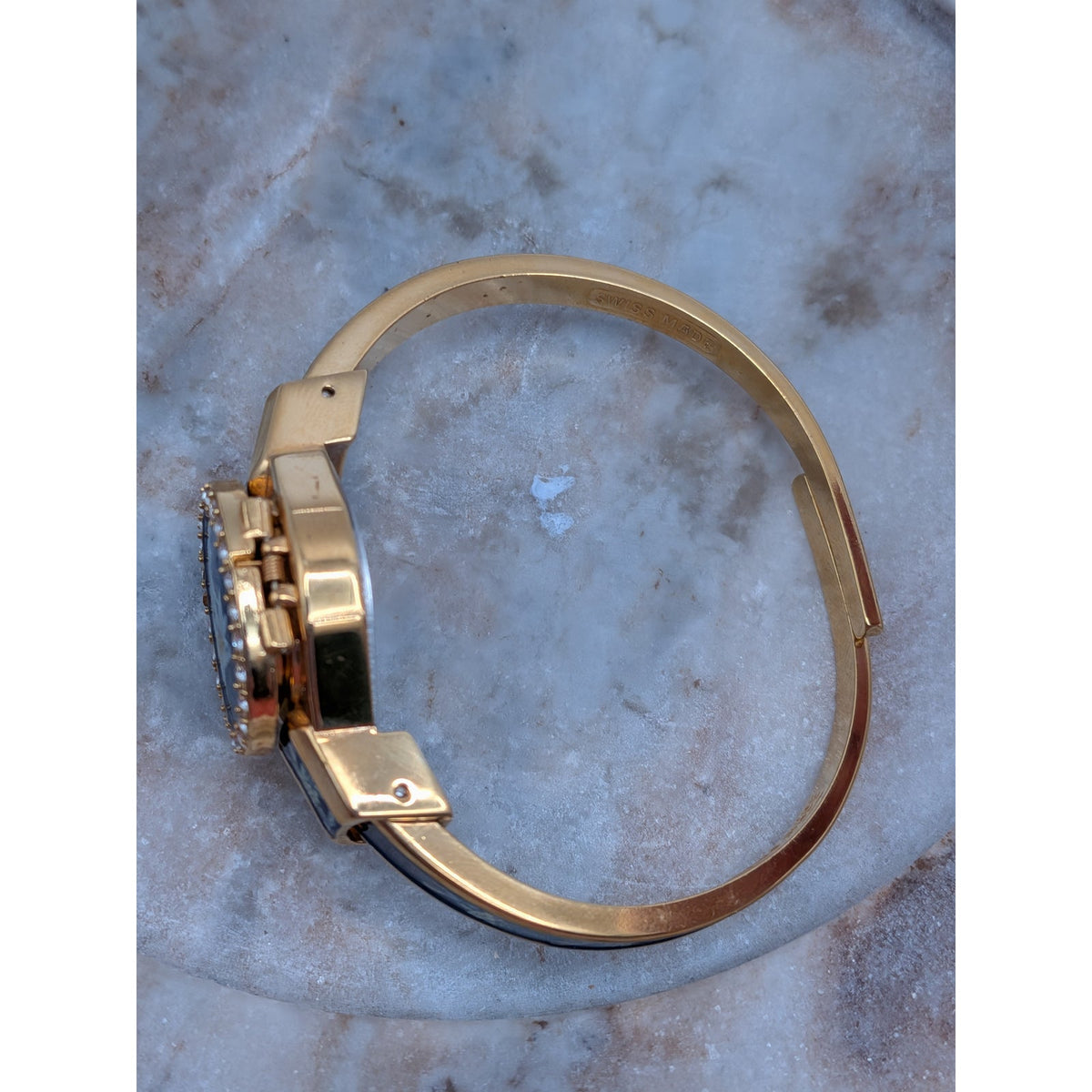 FLAW Vintage Andre Mouche Gold Tone Peekaboo Watch Blue Enamel and Flower Accent