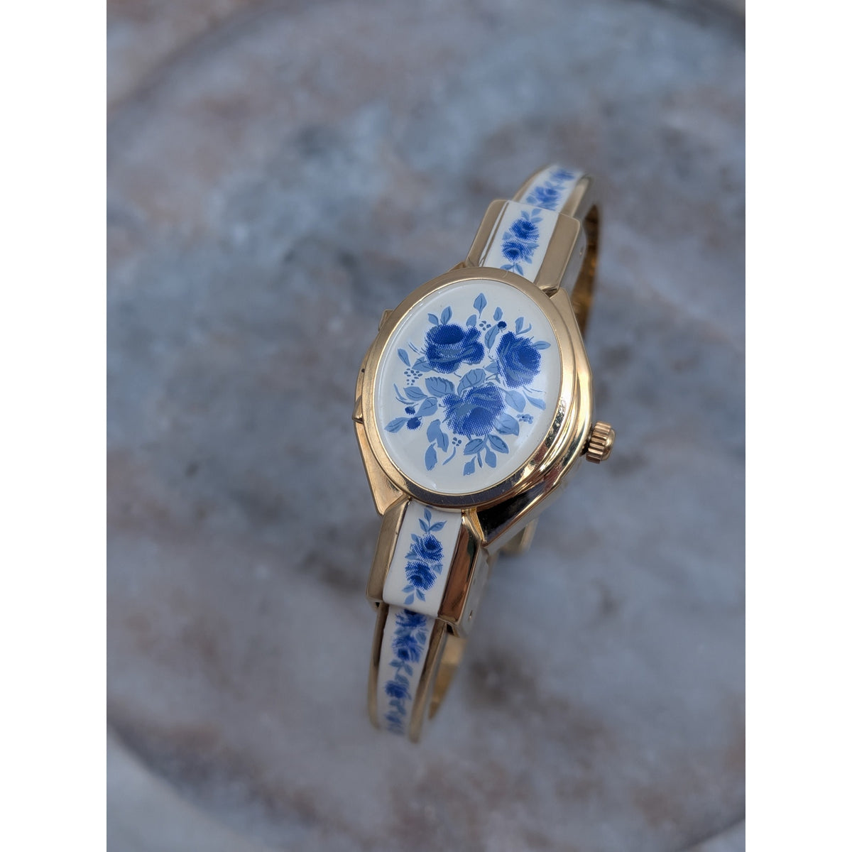 Preowned Andre Mouche Gold Tone Peekaboo Watch White Enamel Blue Flowers