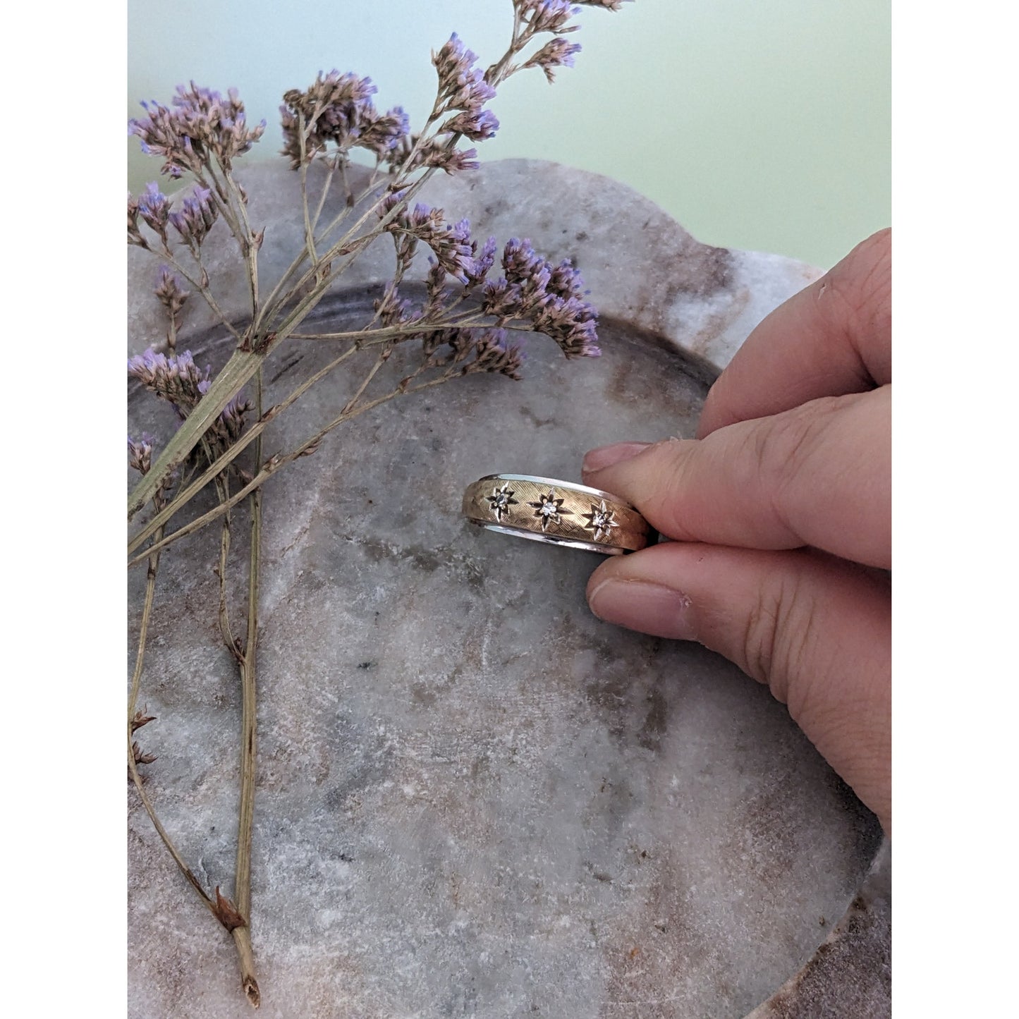 Vintage 14k Yellow and White Gold Ring with Star Bezel Diamond Accents 12US