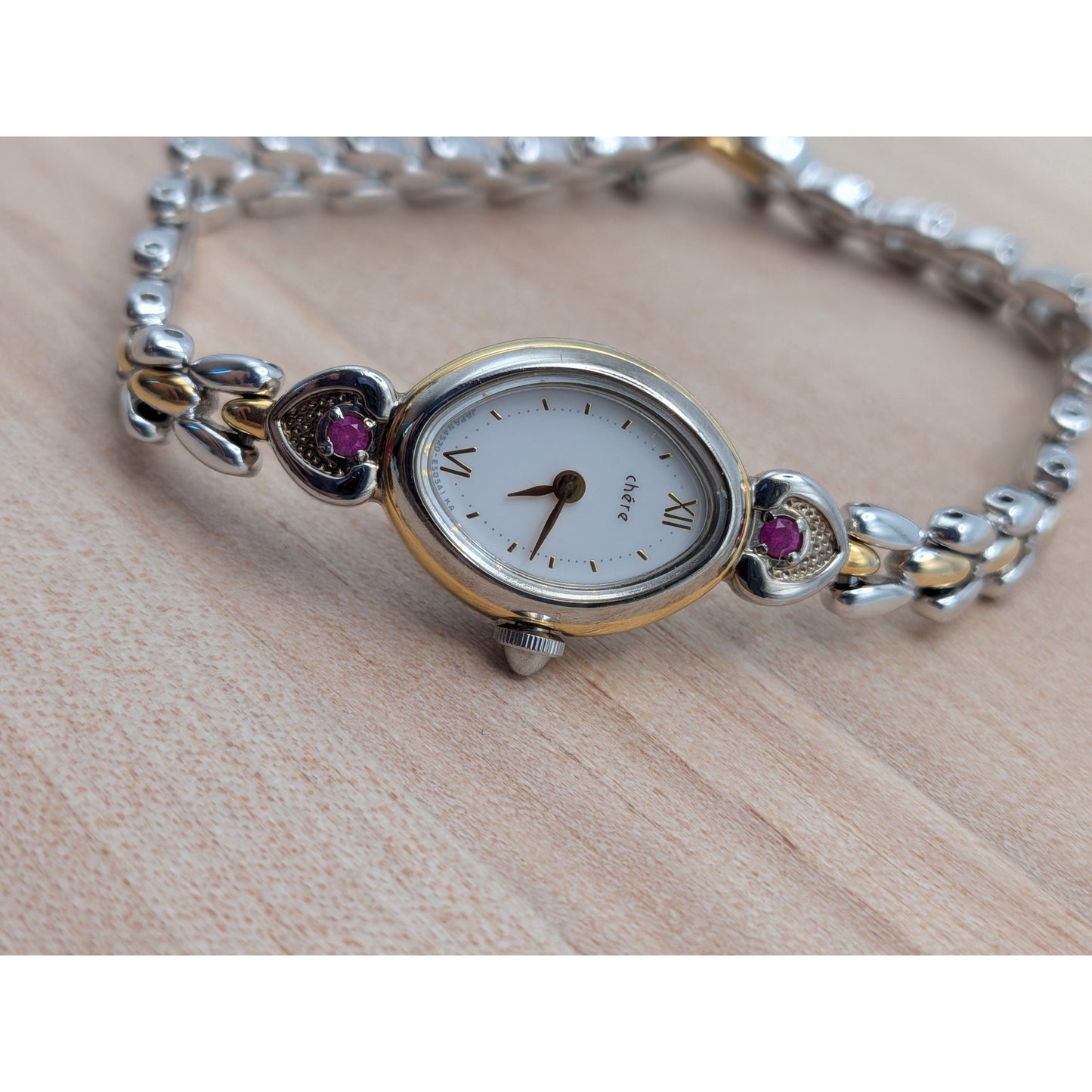Vintage Citizen Chere Dainty Two Tone Bracelet Watch with Pink Stones