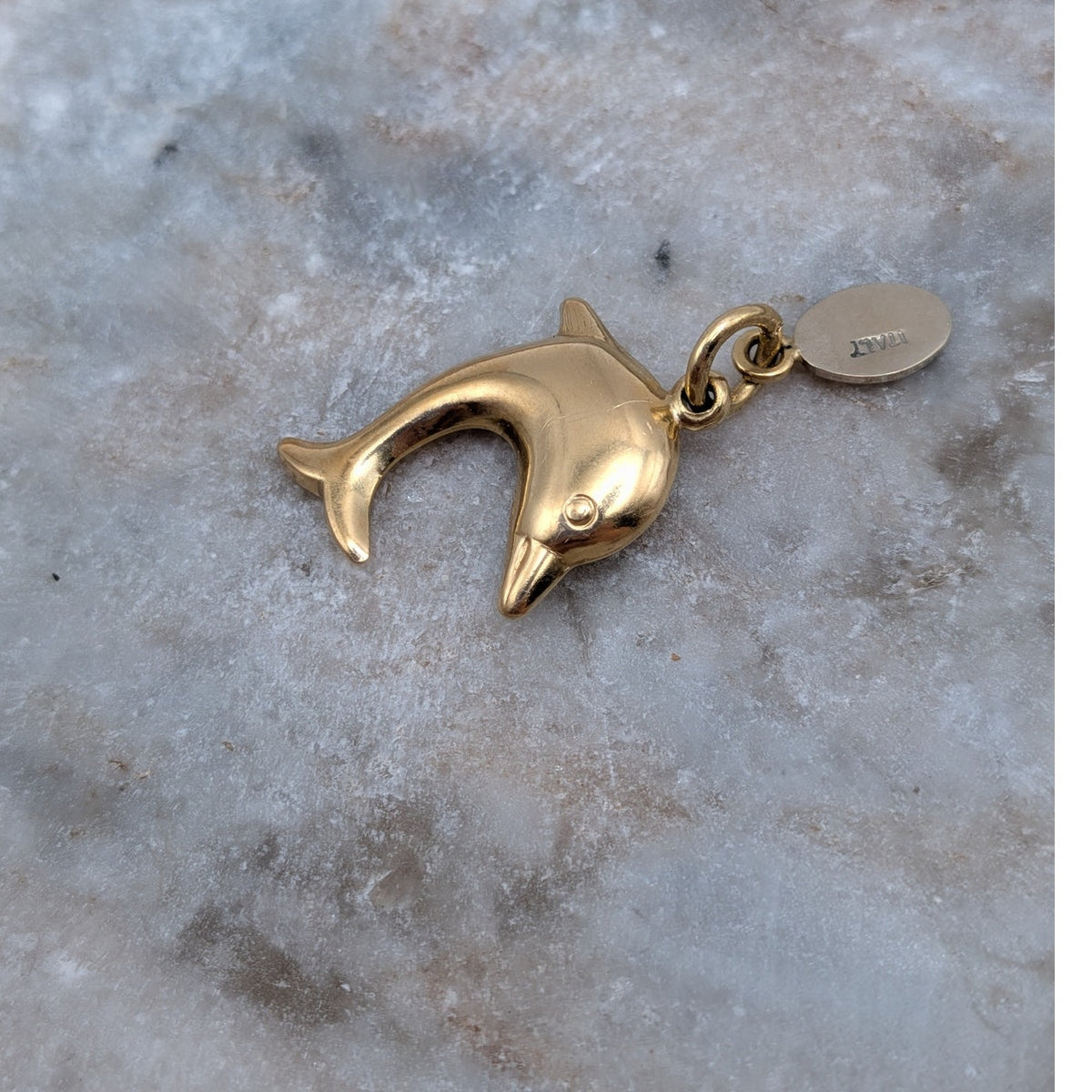 Vintage 18k Solid Yellow Gold Mini Dolphin Charm and Tag w/ Jump Ring (open)