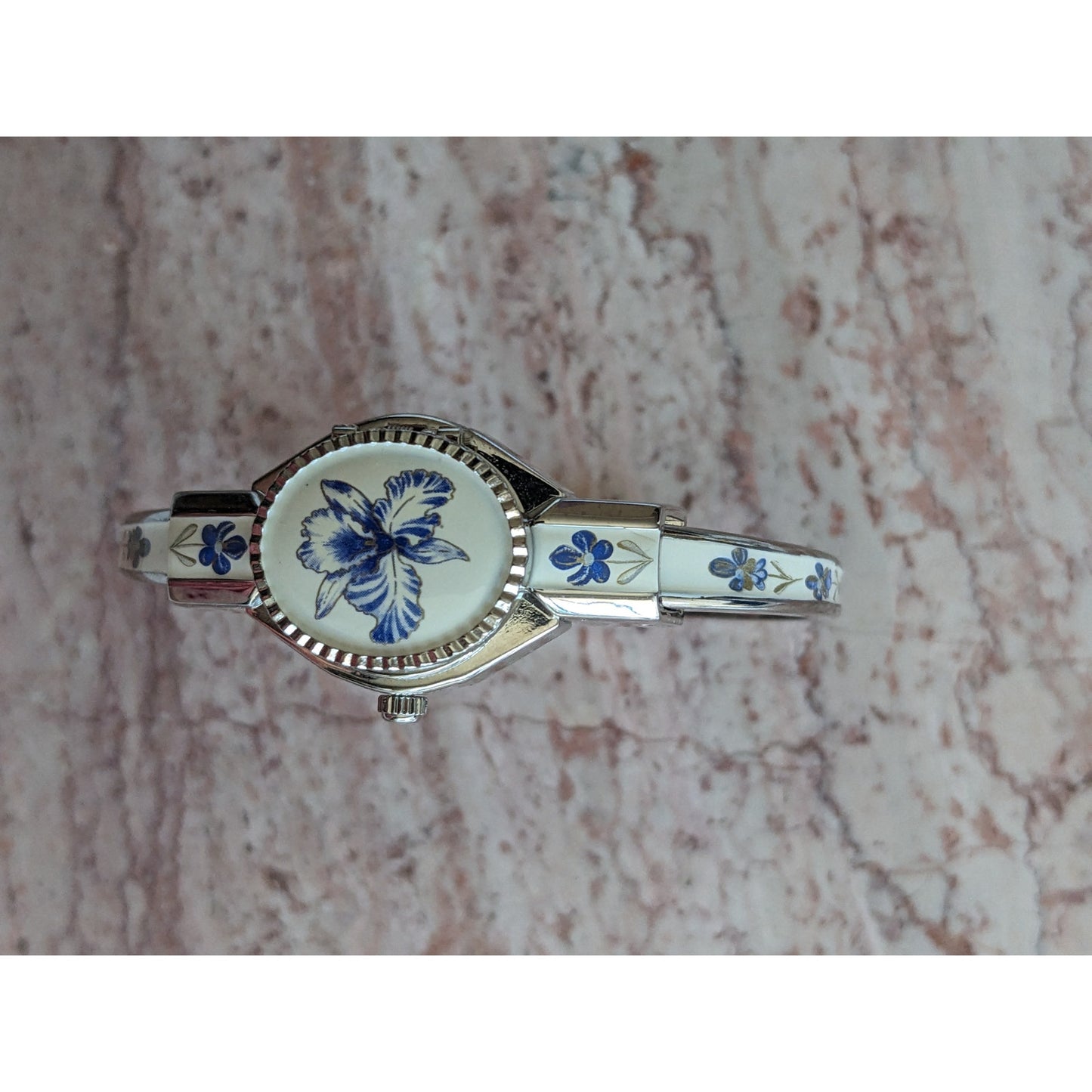 Vintage Andre Mouche Silver Tone Bangle Watch White Enamel Blue Florals