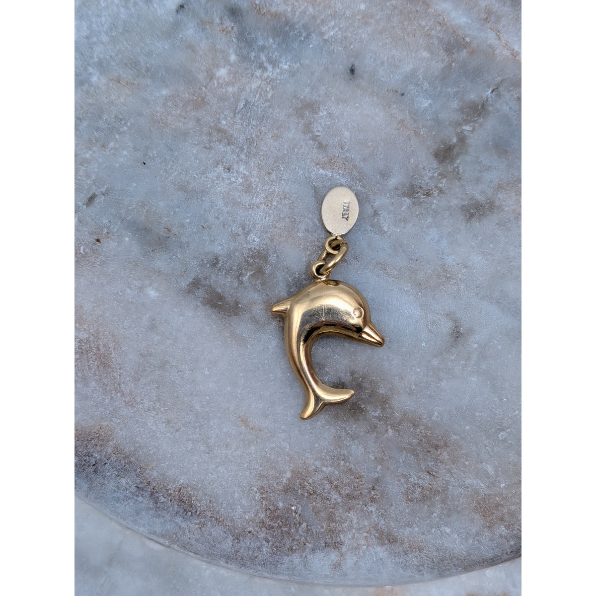 Vintage 18k Solid Yellow Gold Mini Dolphin Charm and Tag w/ Jump Ring (open)
