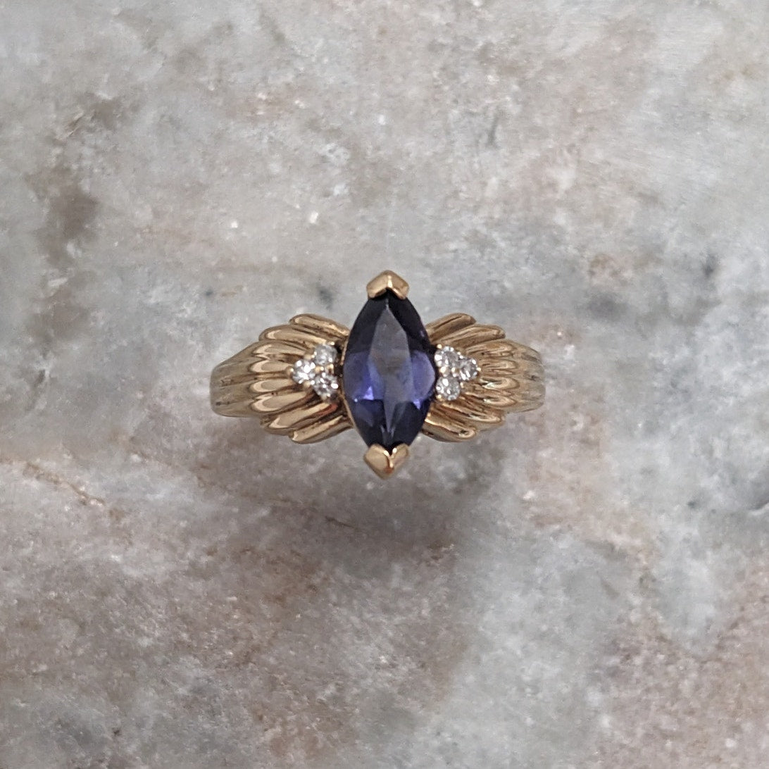 Vintage 10k Yellow Gold Iolite and Diamond Accents Ring Size 6