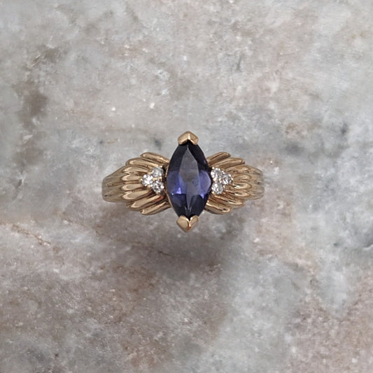 Vintage 10k Yellow Gold Iolite and Diamond Accents Ring Size 6