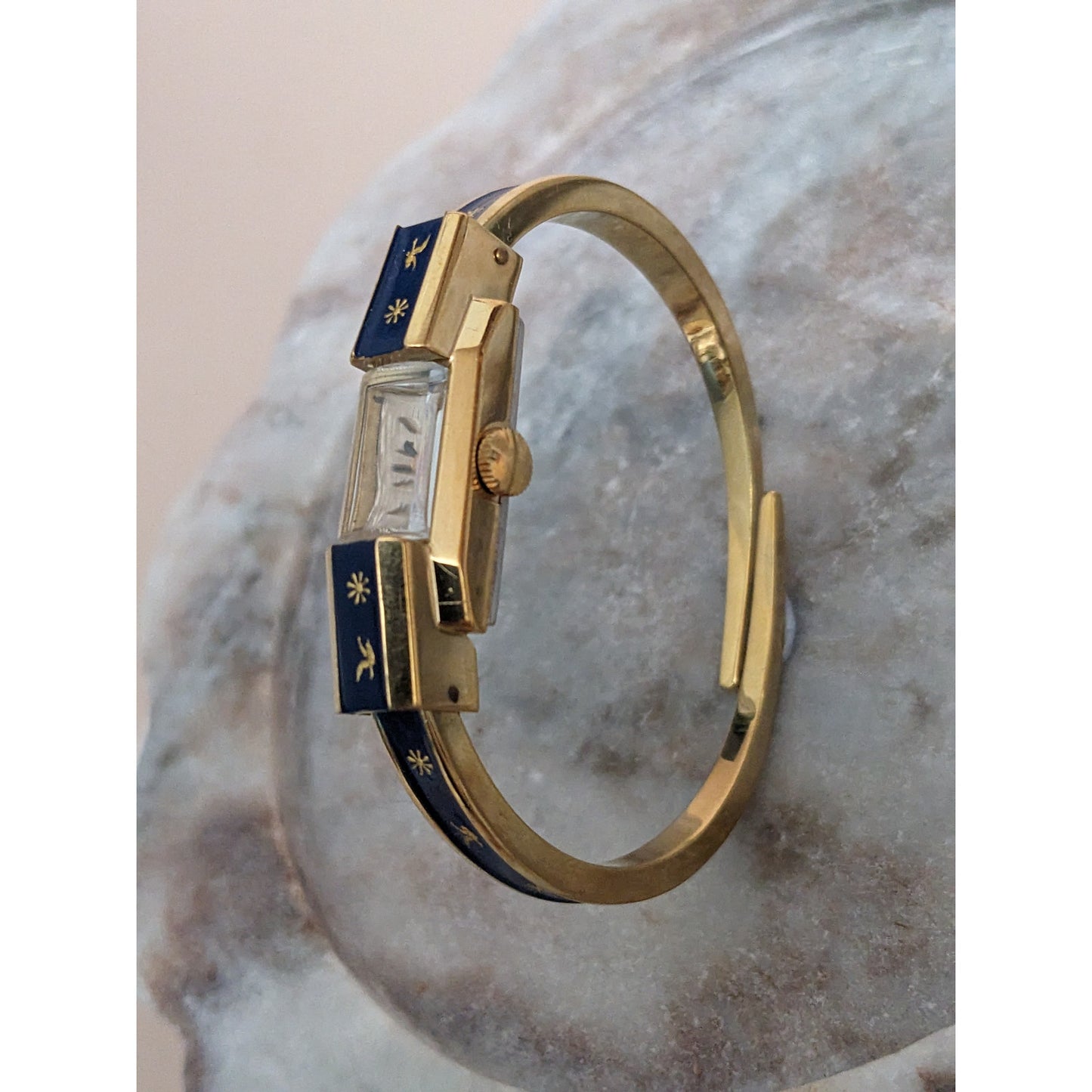 Vintage Andre Mouche Silver Tone Bangle Watch with Blue Floral Enamel Working