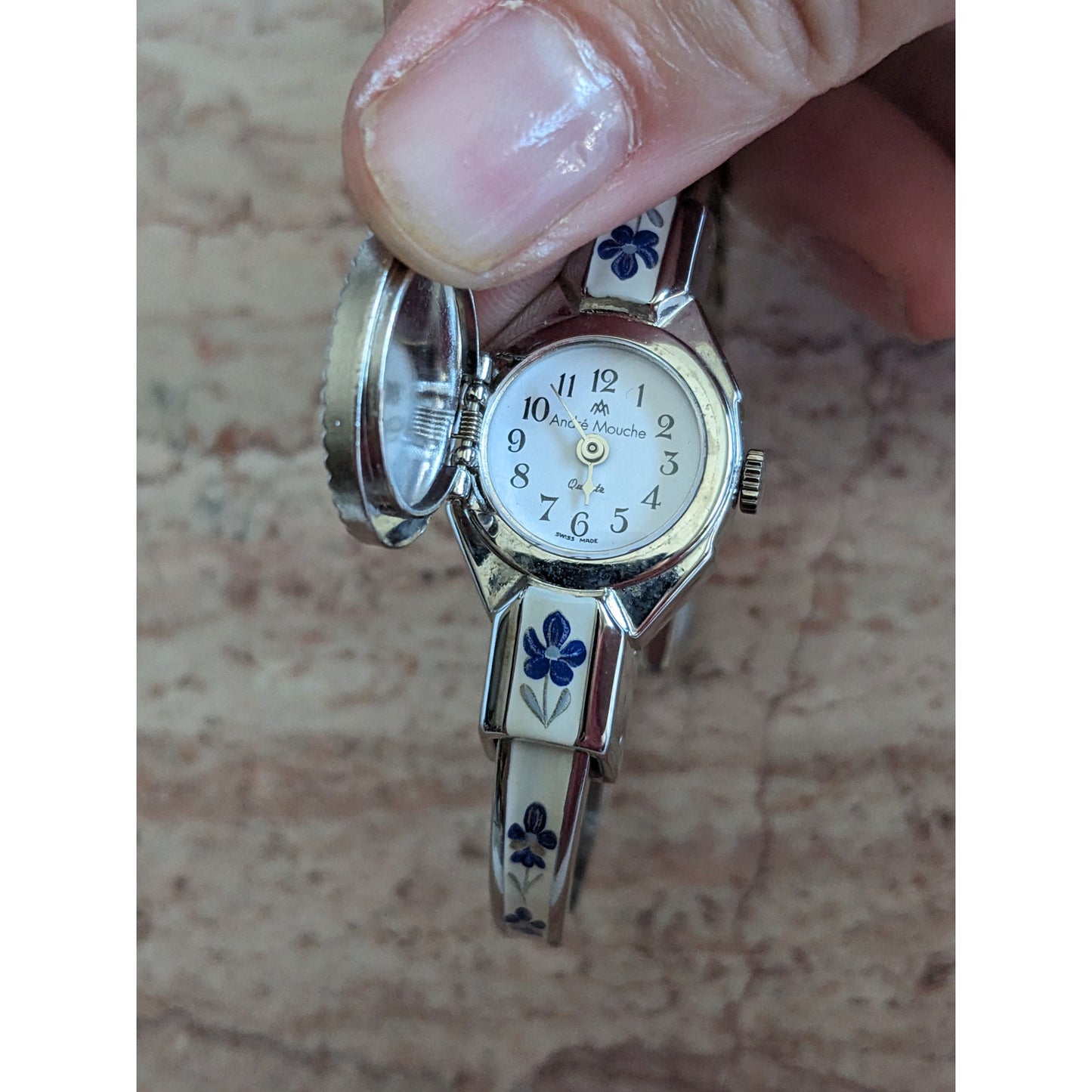 Vintage Andre Mouche Silver Tone Bangle Watch White Enamel Blue Flowers