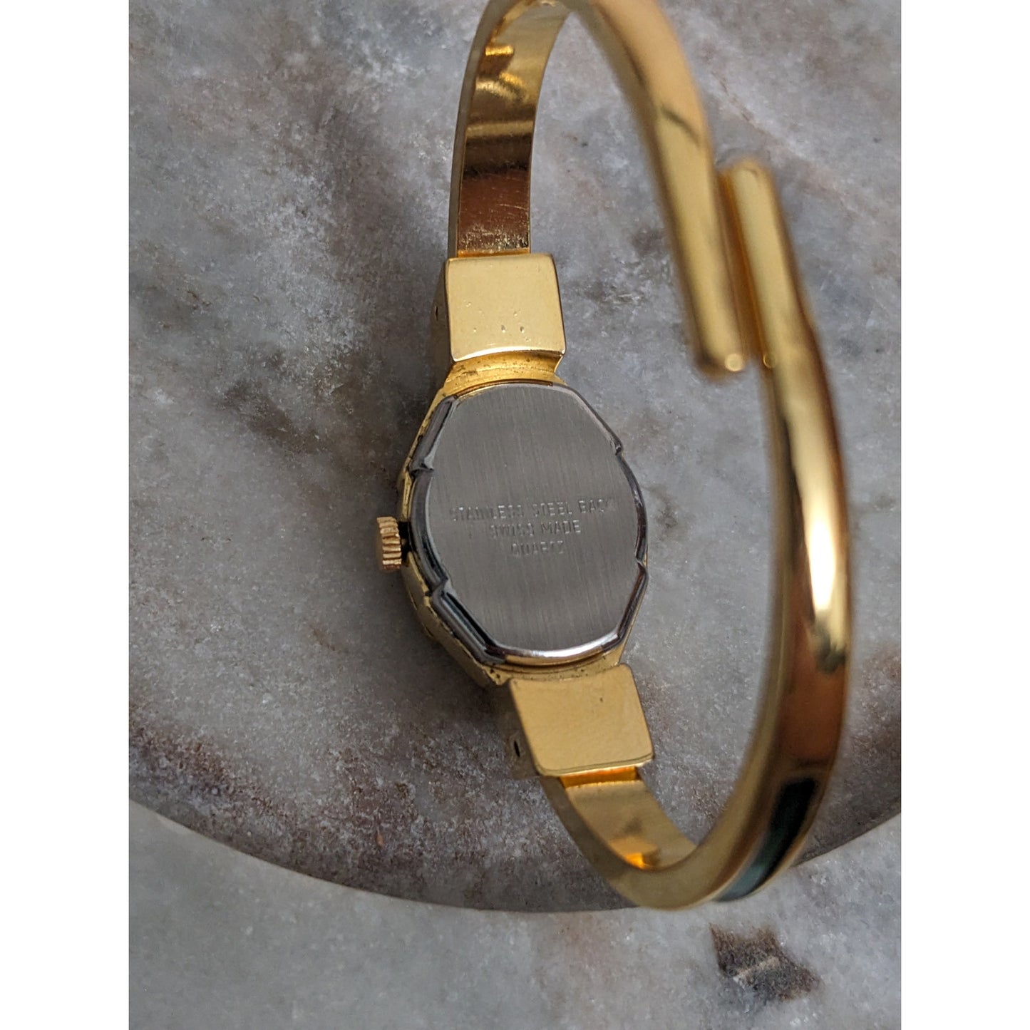 Vintage Andre Mouche Silver Tone Bangle Watch with Blue Floral Enamel Working