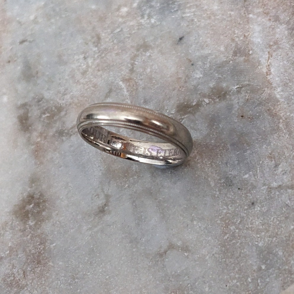 Vintage 10k White Gold "Our Love Is Eternal" Engraved Simple Wedding Band Size 7