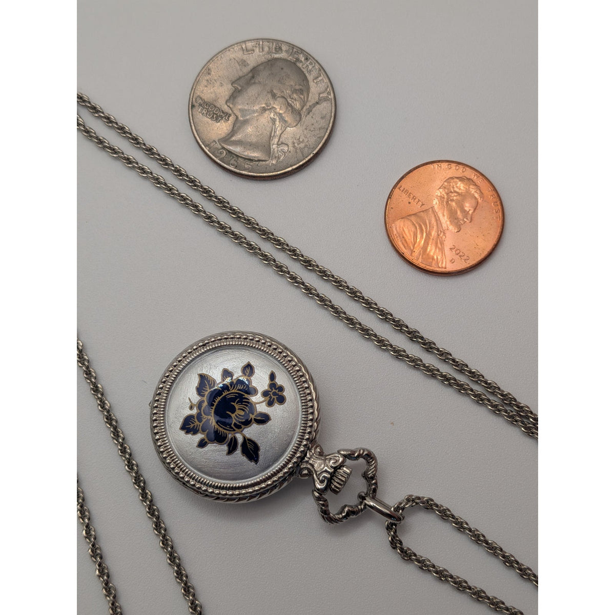 Vintage Andre Mouche Silver Tone Pendant Watch Necklace Grey Enamel Blue Flowers