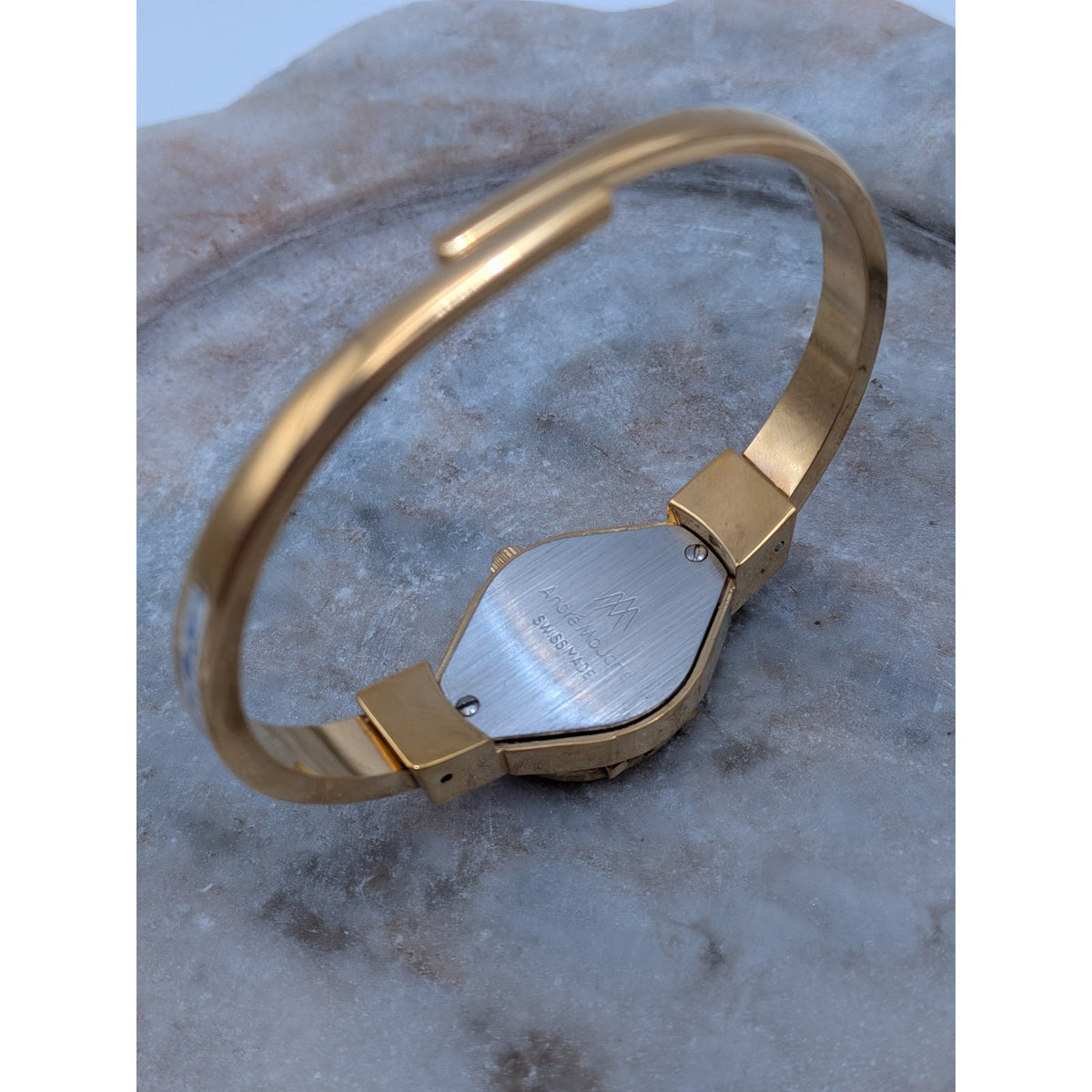 Andre Mouche Gold Tone Bangle Peekaboo Watch White Enamel Deep Blue Flowers