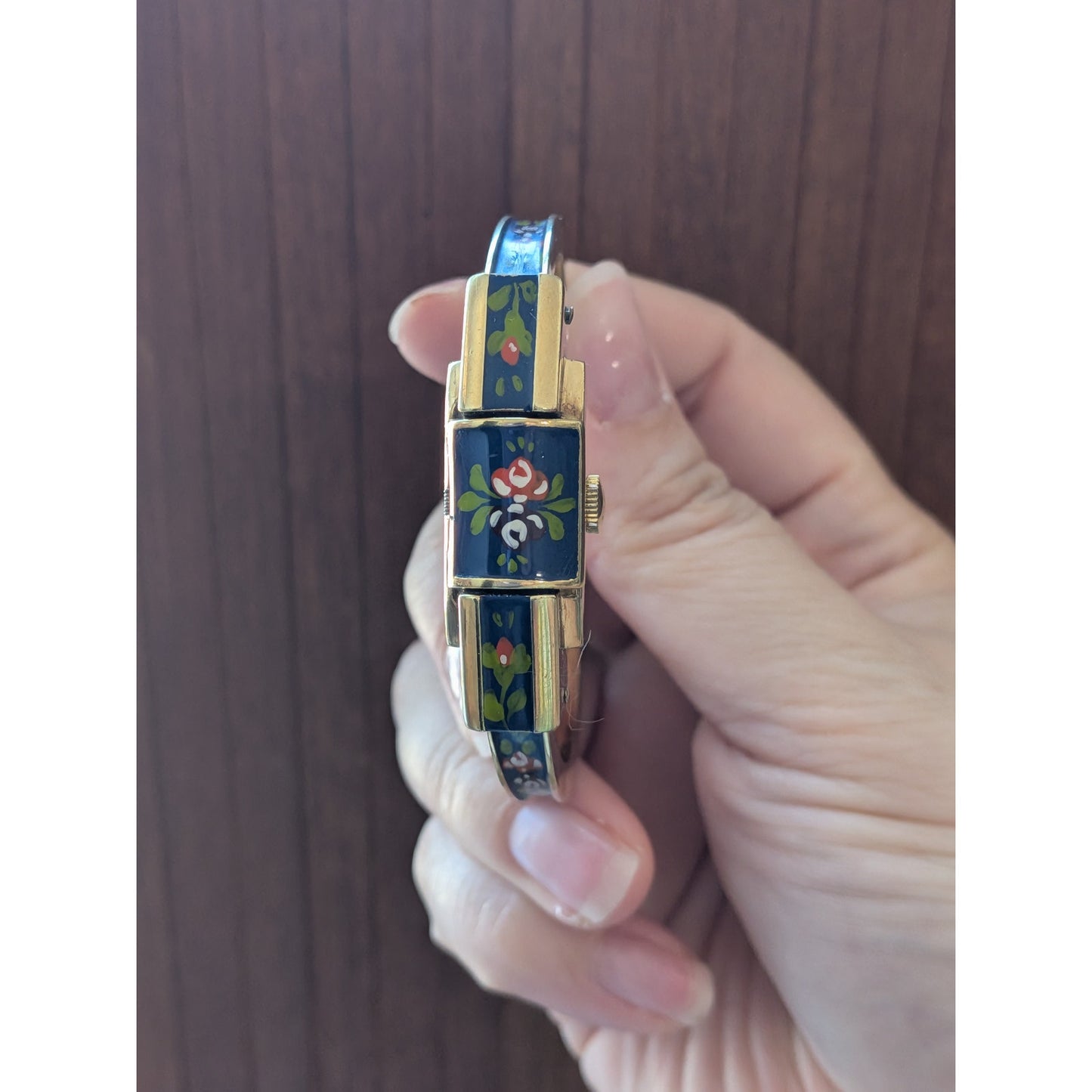 Vintage Ritma Gold Tone Peekaboo Manual Watch Blue Enamel Flowers