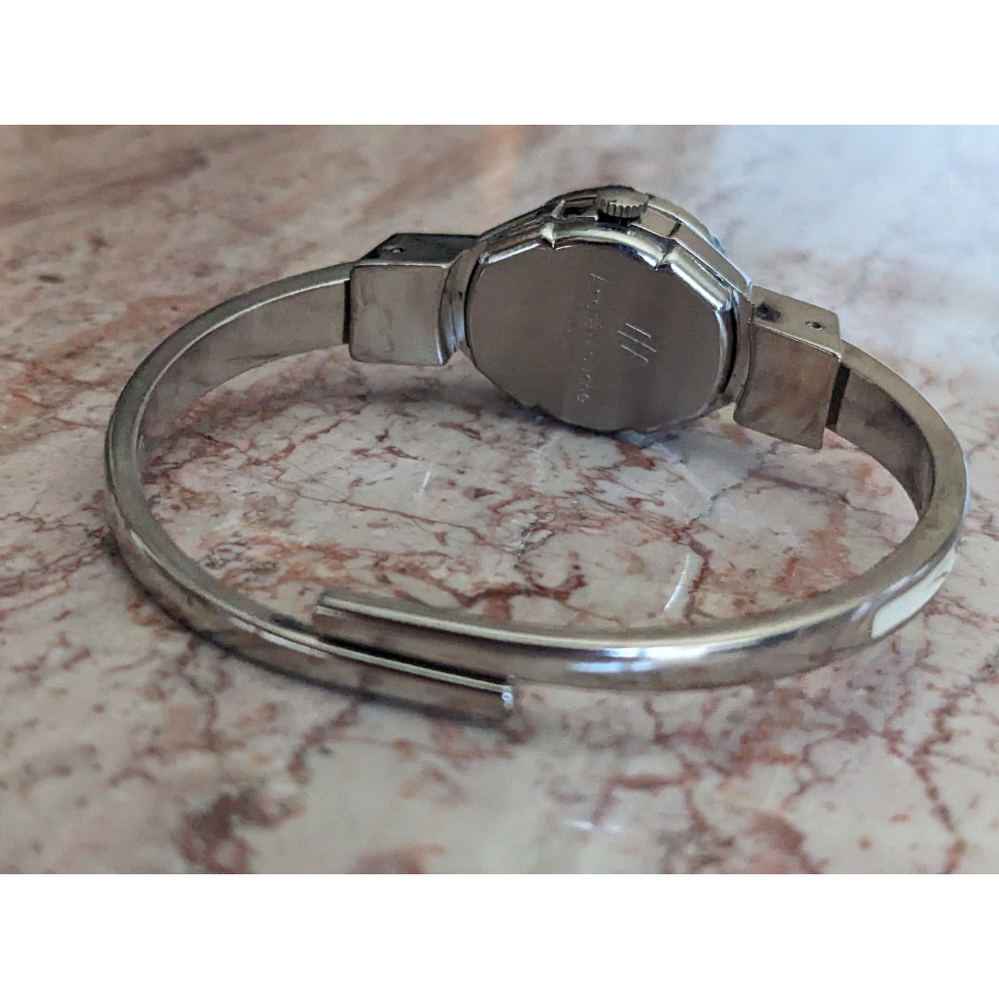 Vintage Andre Mouche Silver Tone Bangle Watch White Enamel Blue Flowers