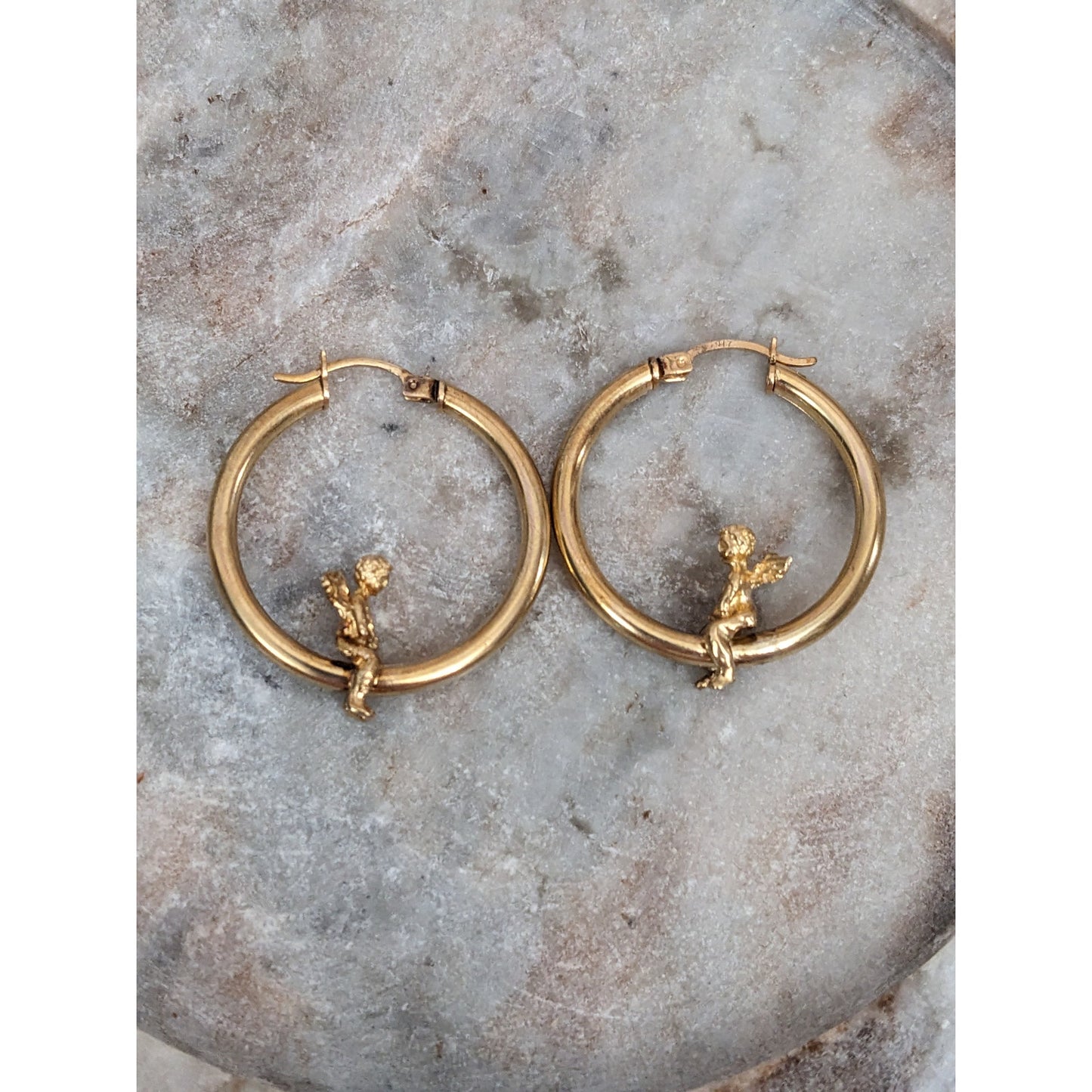 Vintage 10k Gold Cherub Angel Hoop Earrings