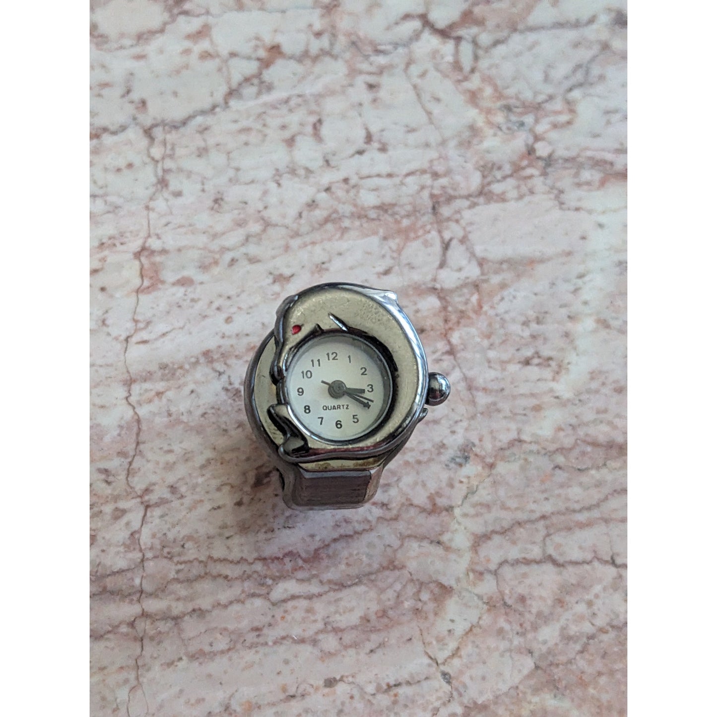 Preowned Patina Silver Tone Ring Watch with Dolphin Working