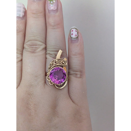 Vintage 14k 1950s Rose Gold USSR Decorative Filigree Ring Lab Ruby Size 5.75