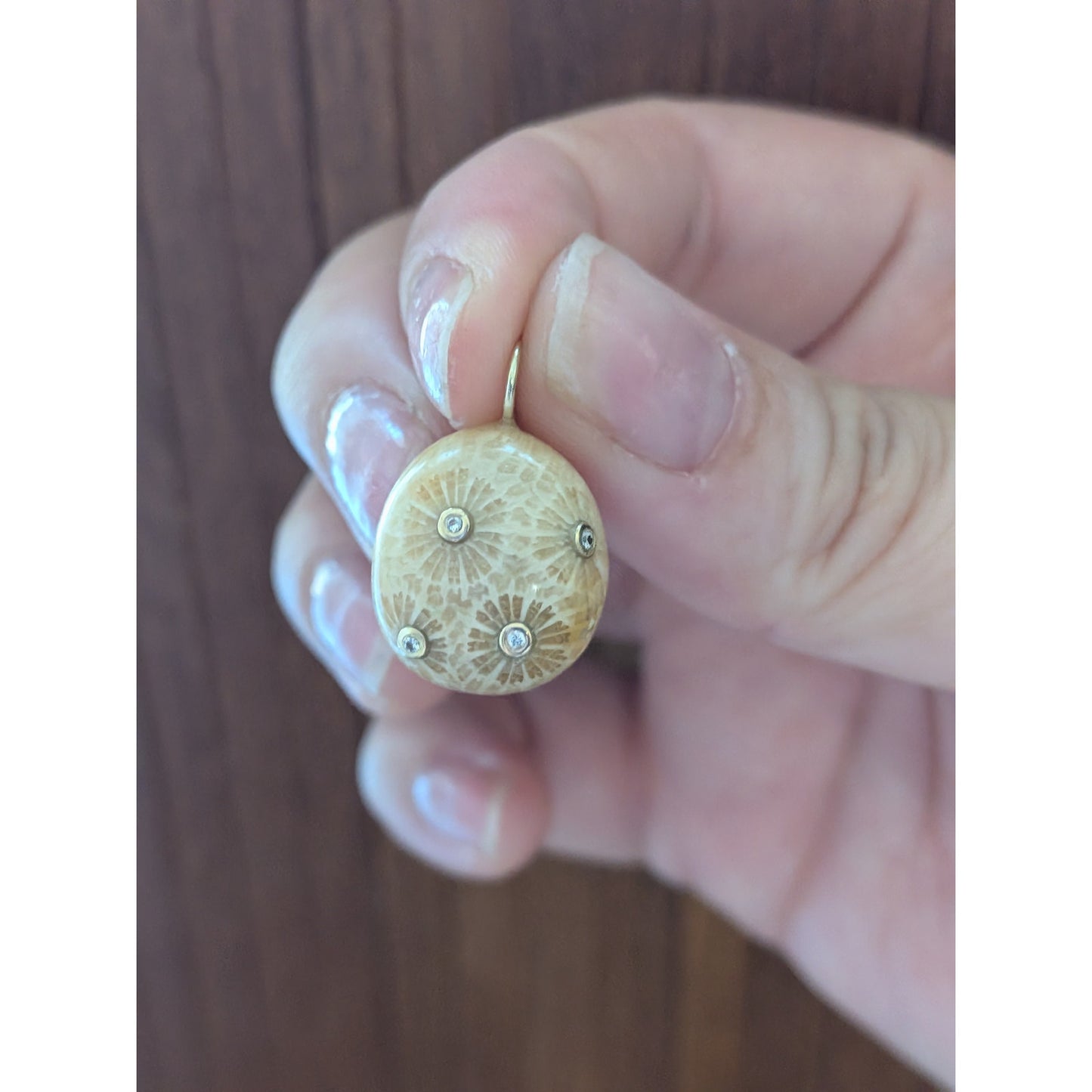 Carved Fossil Coral Pendant in Solid 14K Gold with Natural Diamonds Pendant