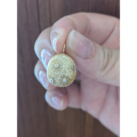 Carved Fossil Coral Pendant in Solid 14K Gold with Natural Diamonds Pendant