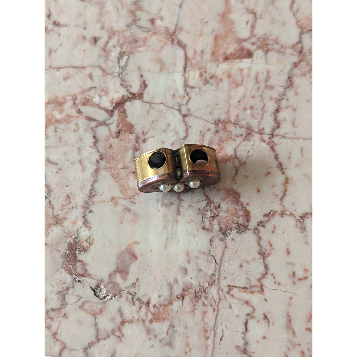 FLAW Vintage Gold Filled Double Heart Shaped Slider Charm White Faux Pearls