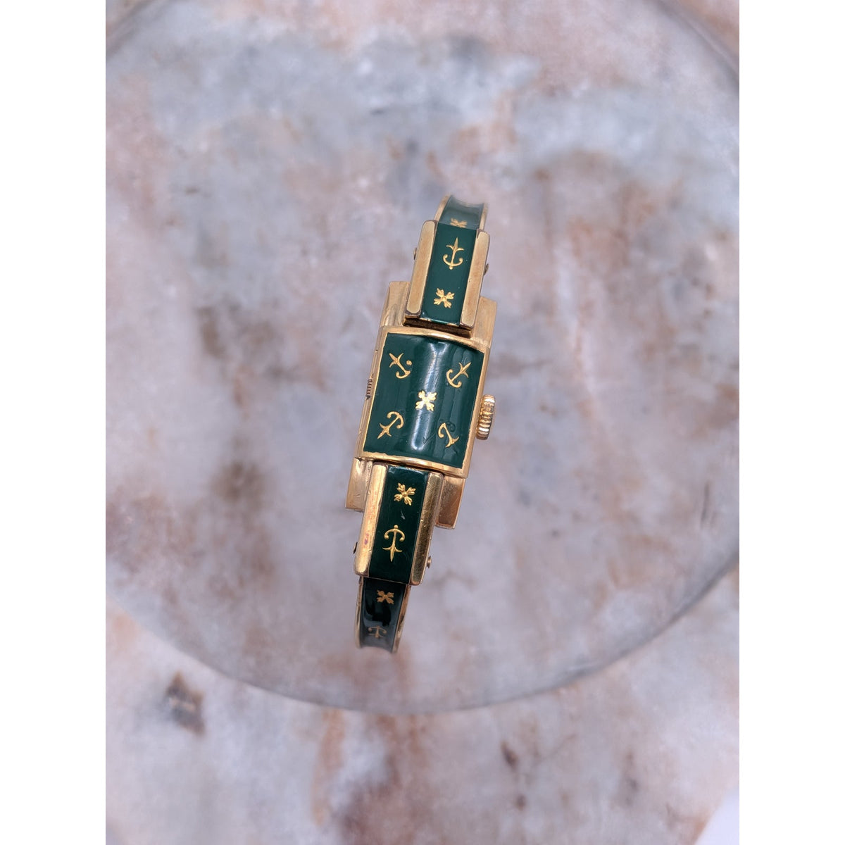 Vintage Ritma MANUAL Gold Tone Peekaboo Watch Green Enamel Gold Flower & Anchors