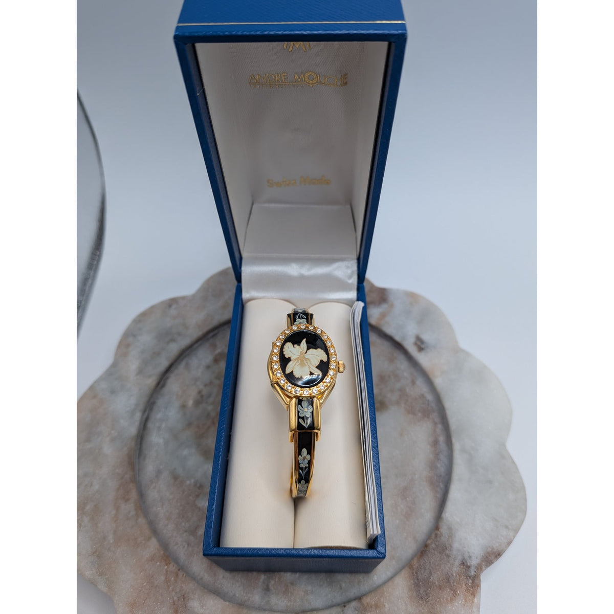 Vintage Andre Mouche Gold Tone Peekaboo Watch Black Enamel White Flower & Stones