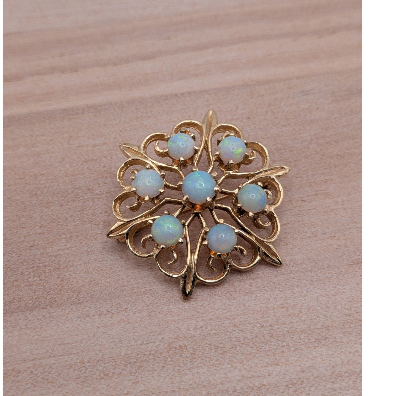 Vintage 14k Yellow Gold Cluster of Opals Flower Brooch or Pendant