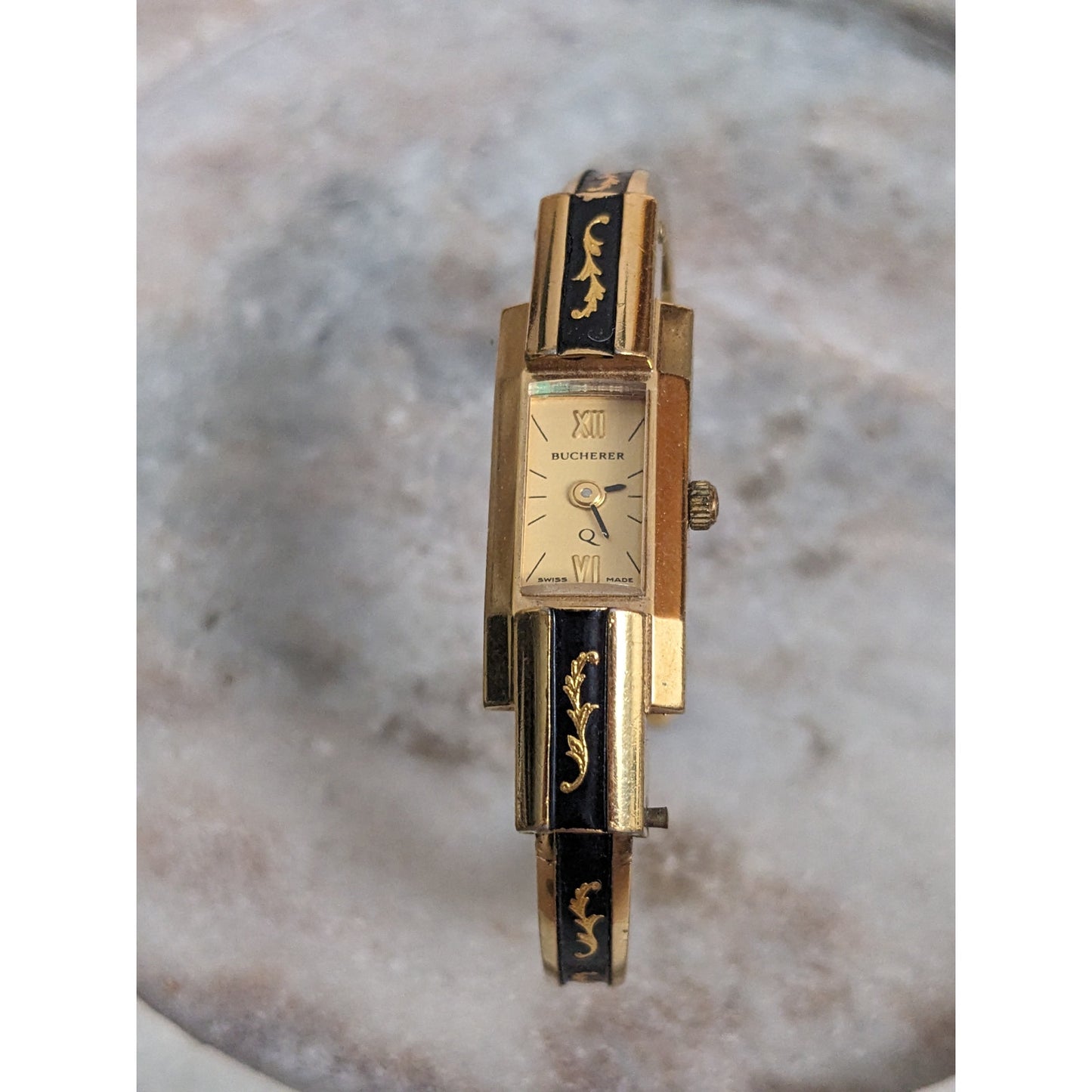 Vintage Andre Mouche Silver Tone Bangle Watch with Blue Floral Enamel Working