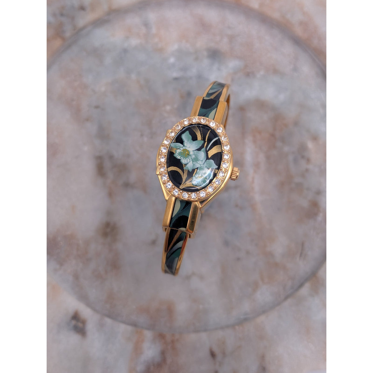 FLAW Vintage Andre Mouche Gold Tone Peekaboo Watch Green Orchid Theme