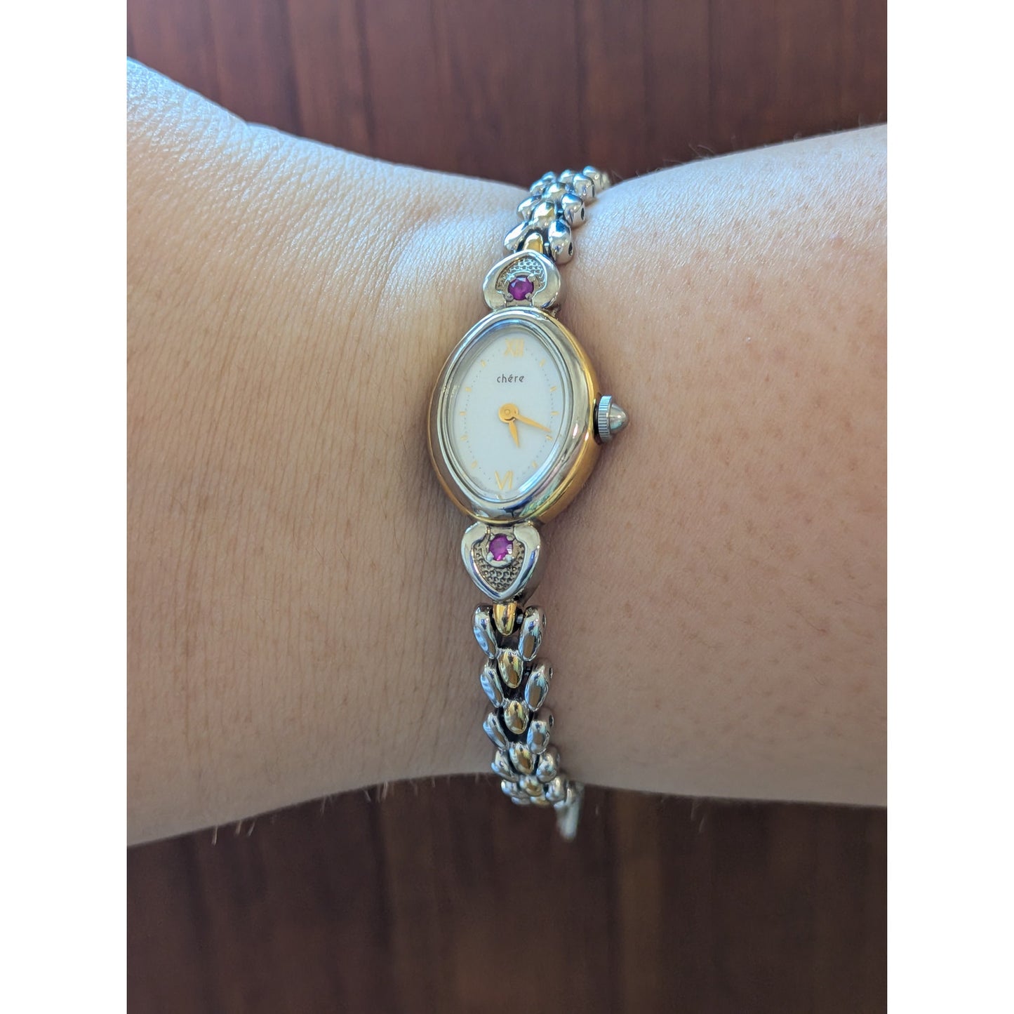 Vintage Citizen Chere Dainty Two Tone Bracelet Watch with Pink Stones