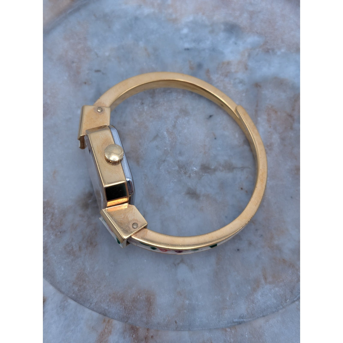 Vintage Ritma MANUAL Gold Tone Bangle Watch White Enamel & Flowers Square Dial