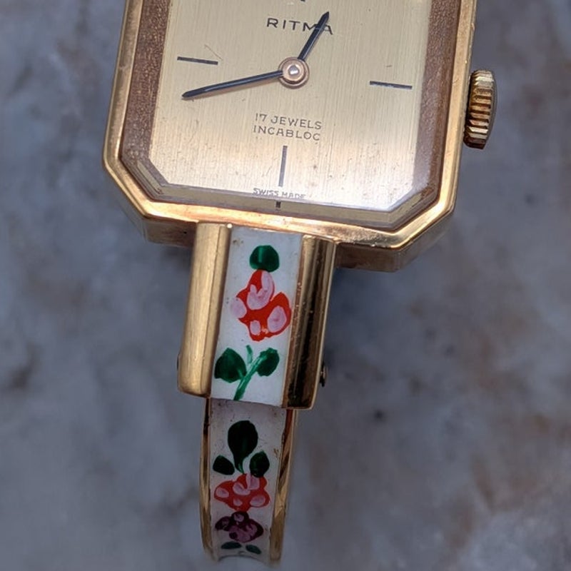 Vintage Ritma MANUAL Gold Tone Bangle Watch White Enamel & Flowers Square Dial