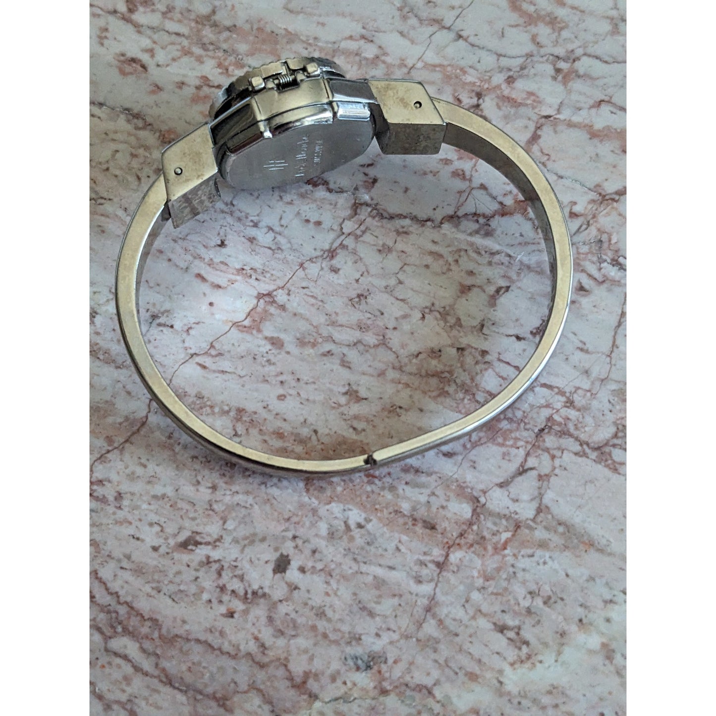Vintage Andre Mouche Silver Tone Bangle Watch White Enamel Blue Flowers